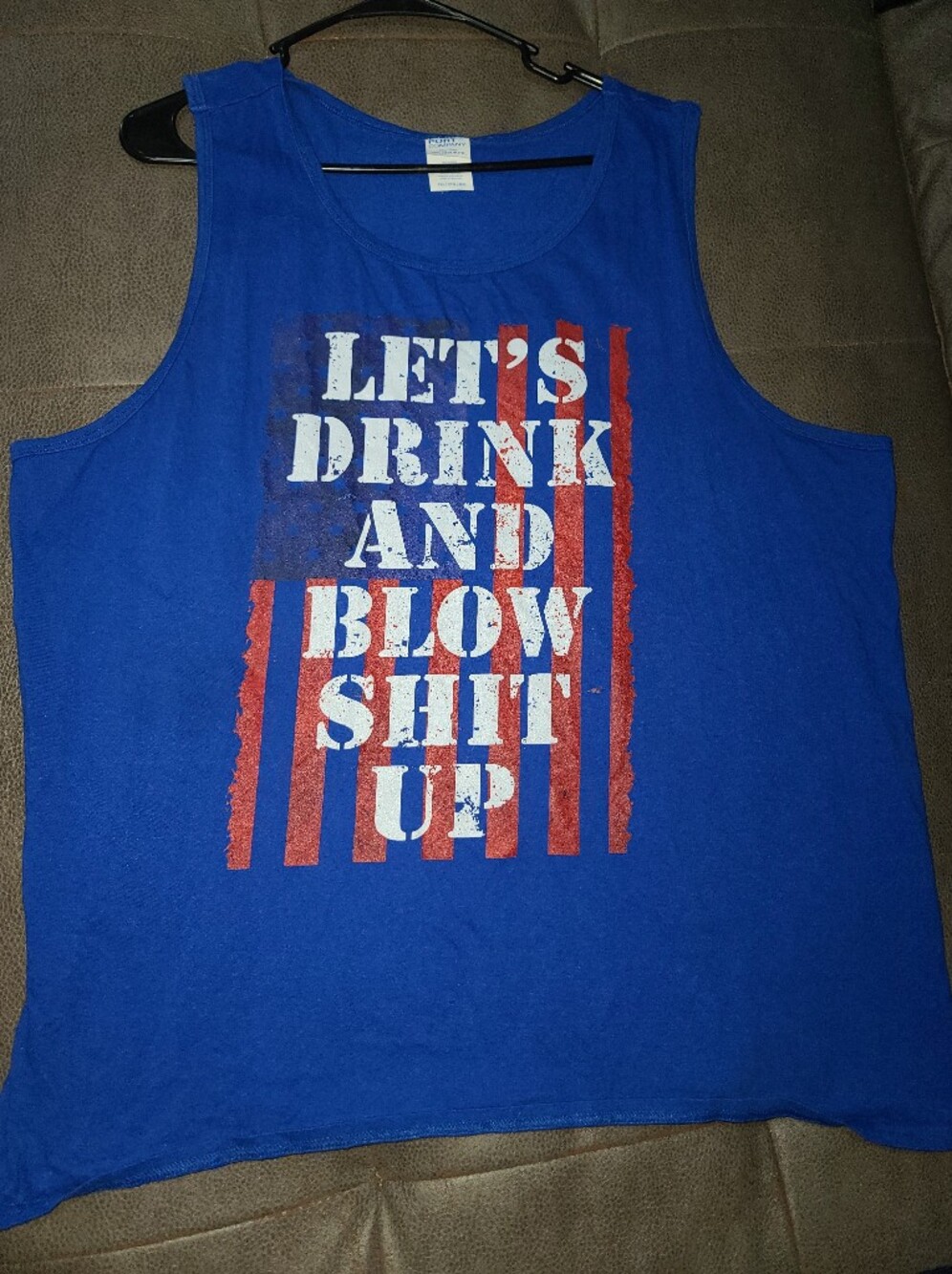 Men's Blue Graphic Tank Top - "Let's Drink and Blow Sh!t Up"